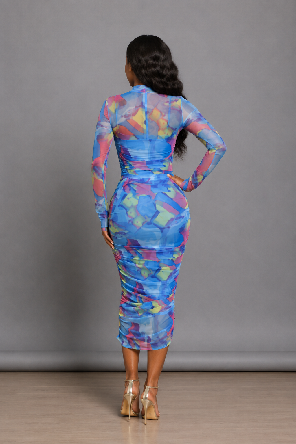 The Azari Ruched Mesh Midi Dress